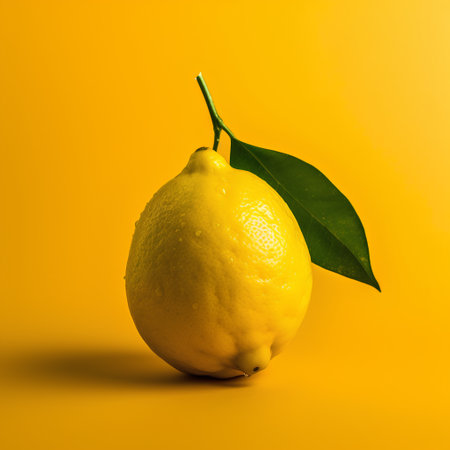 Lemon with leaves on a yellow background. Minimal style.の素材