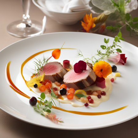 roasted duck breast with vegetables and berries on white plate, closeupの素材