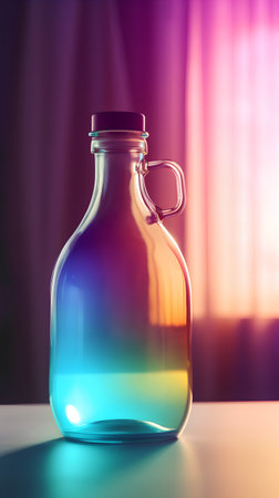 Empty glass bottle with colored liquid on blurred background. 3d renderingの素材