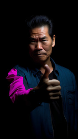 Asian man showing thumbs up gesture on black background, closeup portraitの素材
