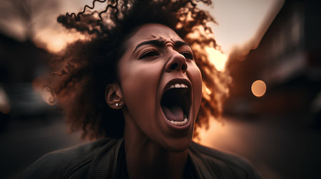Portrait of a young african american woman screaming in the street.の素材