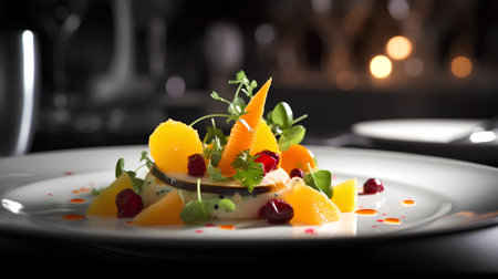 Salad with orange and pomegranate on a white plateの素材
