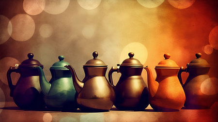 Vintage brass teapots on abstract background with bokeh effectの素材