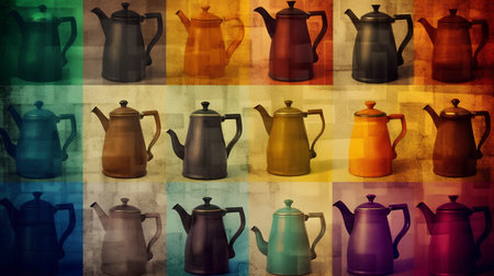 Retro background with coffee pots and teapots on grunge backgroundの素材