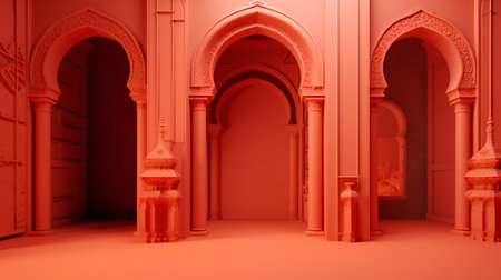 3d rendering of a red palace with columns and arches.の素材