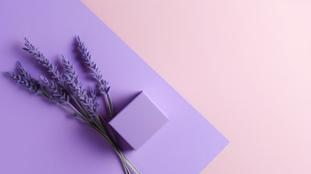 Lavender flowers and gift box on purple background. Flat lay, top view minimal concept.の素材