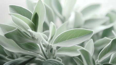 Close up of fresh green sage leaves, shallow depth of field.の素材