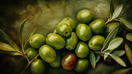Fresh olives with leaves on grunge background. Toned.の素材