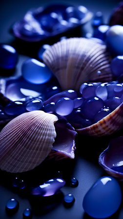 Beautiful blue background with seashells and stones. Shallow dof.の素材