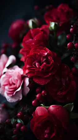 Beautiful bouquet of red and pink roses with water drops on black backgroundの素材