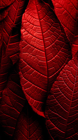 Red poinsettia leaves, close-up, tonedの素材