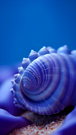 Sea shell on blue background. Close-up. Shallow depth of field.の素材