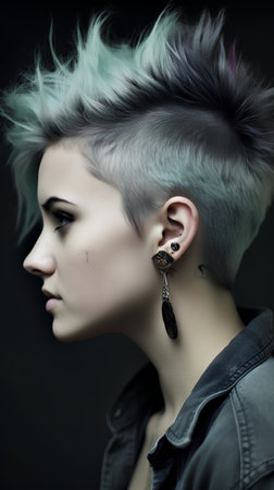 Fashion portrait of young beautiful woman with short hairstyle and earringの素材