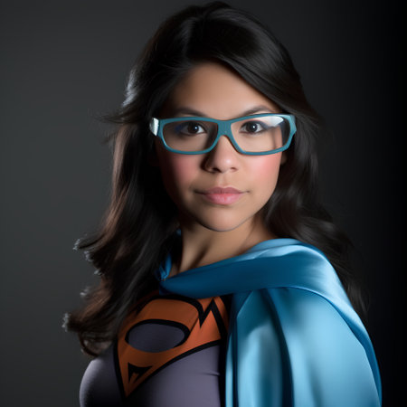 Portrait of a beautiful asian woman superhero with blue cape and glassesの素材