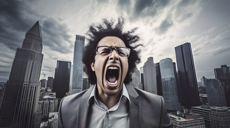 Portrait of young african american businesswoman screaming with city backgroundの素材
