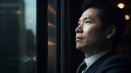 Portrait of handsome asian businessman looking out the window at nightの素材