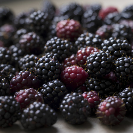 Blackberries on a wooden background. Close-up, selective focus.の素材