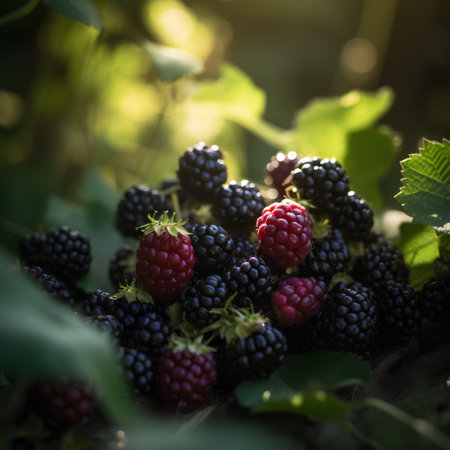Blackberries on the ground in the garden. Selective focus.の素材