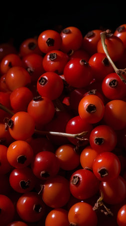 Red berries of viburnum on a dark background close-upの素材