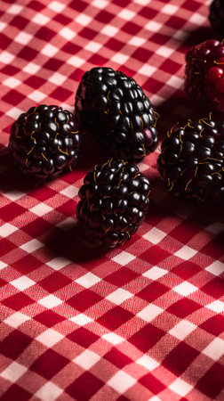 Ripe blackberries on a red checkered tablecloth.の素材