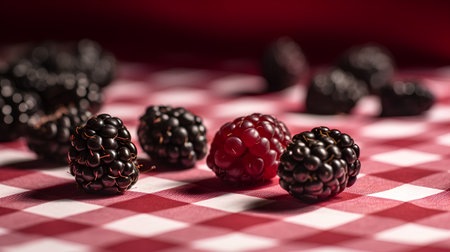 Blackberries and raspberries on a checkered tableclothの素材