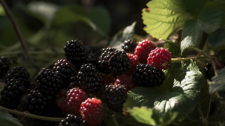 Blackberries and raspberries in the garden. Selective focus.の素材