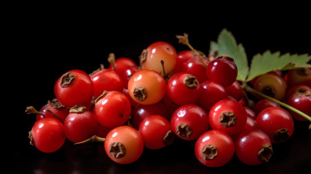 Red currant berries on a black background. Selective focus.の素材