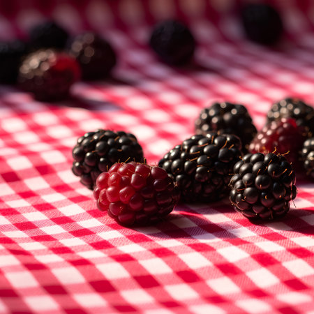 Blackberries and raspberries on a checkered tableclothの素材
