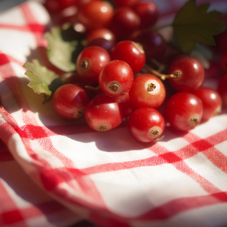 red currant berries on a checkered tablecloth close upの素材