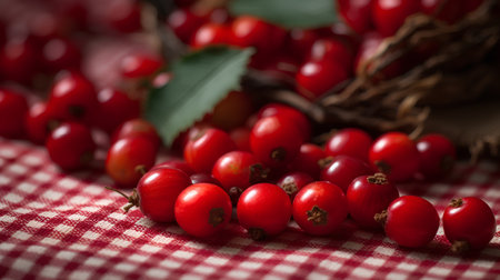 Ripe red berries of a dogrose on a red tableclothの素材