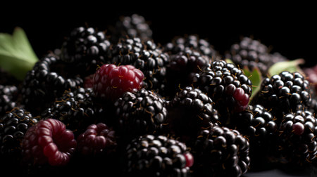 Blackberries and raspberries on a black background. Close-up.の素材