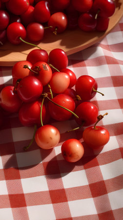 Red cherries on a red and white checkered tableclothの素材