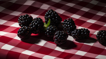 Blackberries on a red and white checkered tablecloth.の素材
