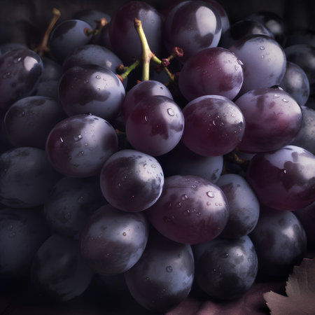 Ripe black grape with drops of water on a dark background.の素材