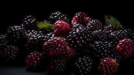 Blackberries and raspberries on a black background. Black background.の素材