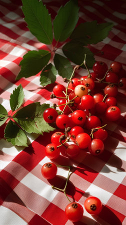 Red currant on a red checkered tablecloth with green leavesの素材