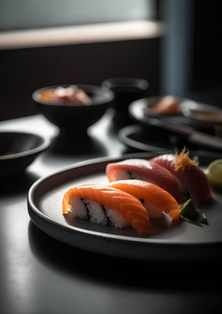 Sushi set on a black plate with chopsticks, selective focusの素材