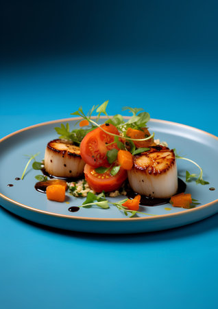 Grilled scallops with pumpkin and arugula on blue backgroundの素材