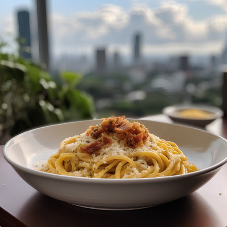 Spaghetti carbonara with parmesan cheese on white plate with city view backgroundの素材