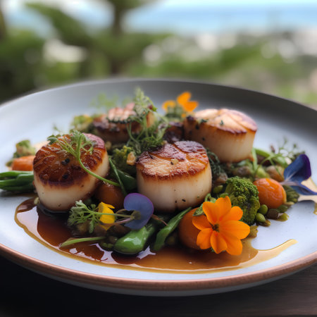 Grilled scallops with vegetables in a plate on the tableの素材