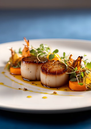 Grilled scallops with caramelized carrots and microgreensの素材