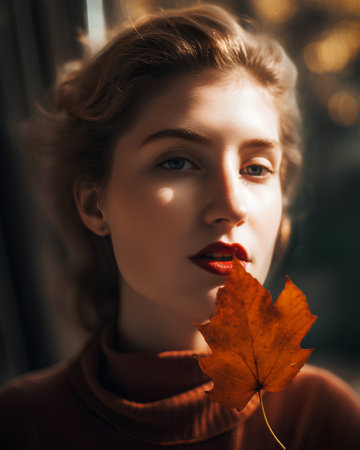 Beautiful young woman with red lips and autumn leaf in her hand.の素材