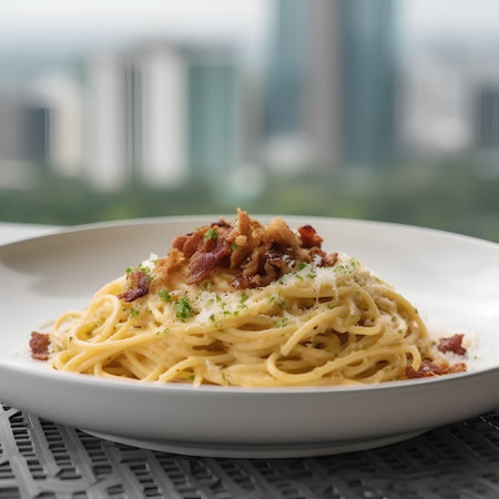 Spaghetti carbonara with bacon and parmesan on white plateの素材