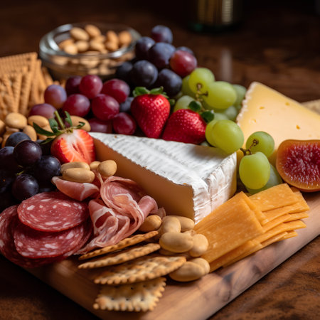 Cheese plate with grapes, ham, salami and crackers.の素材