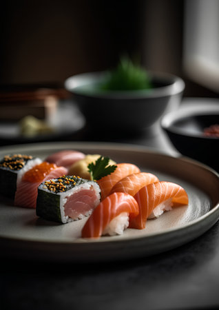 Sushi set on a black plate with chopsticks, selective focusの素材