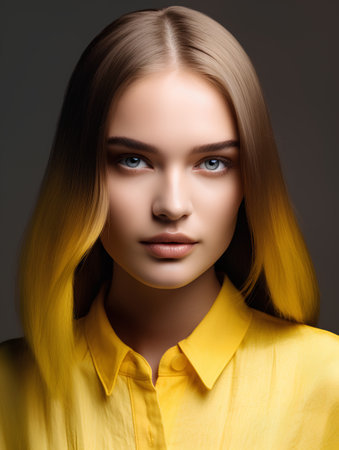 Portrait of a beautiful young blonde woman with bright makeup. Studio shot.の素材
