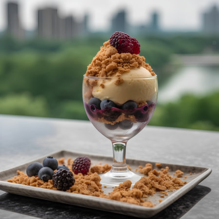 Ice cream with fresh berries in a glass on a background of the cityの素材