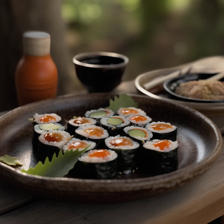 Sushi roll with salmon, avocado and cucumber on wooden tableの素材