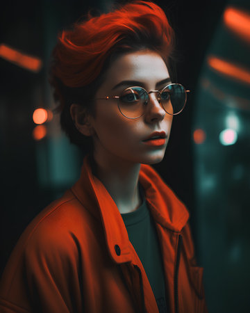 Stylish redhead girl in a red coat and glasses on a dark background.の素材