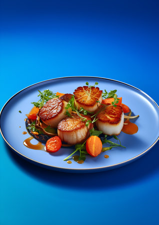 Fried scallops with carrots and arugula on blue backgroundの素材